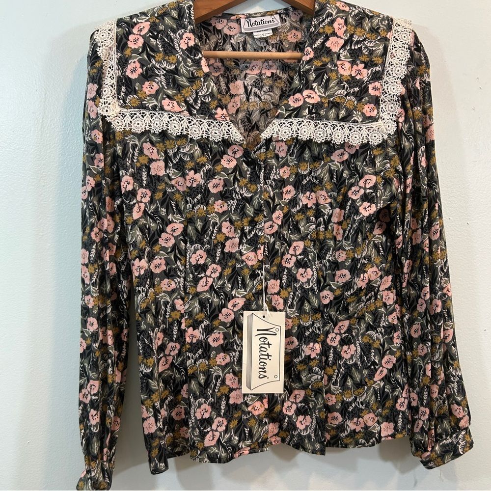 VTG NEW Notations Black Pink Floral Blouse Sz 6 Prairie Lace Bib Collar Cottage